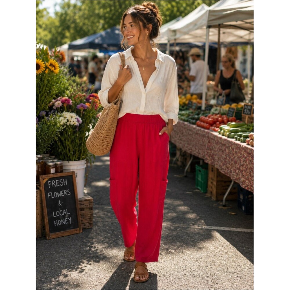 Soft Surroundings Vibrant Red Linen Blend Cargo Straight Leg Pants Size Large